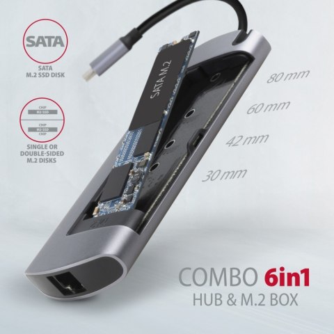 HMC-6M2 Wieloportowy hub USB-C 3.2 Gen 1, slot M.2 SATA + HDMI + GLAN + 2x USB-A + PD 100W HMC-6M2 Wieloportowy hub USB-C 3.2 Gen 1, slot M.2 SATA + HDMI + GLAN + 2x USB-A + PD 100W