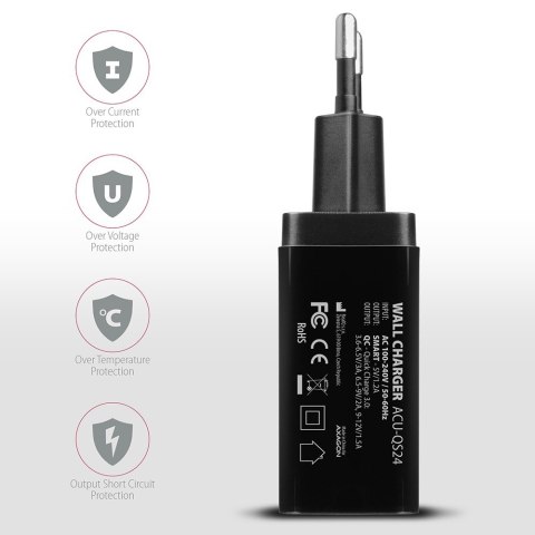 ACU-QS24 Ładowarka sieciowa QC 24W, 2x port USB--A, QC3.0/AFC/FCP + 5V/1.2A ACU-QS24 Ładowarka sieciowa QC 24W, 2x port USB--A, QC3.0/AFC/FCP + 5V/1.2A