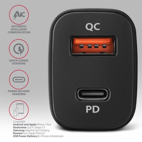 PWC-PQ38 Ładowarka samochodowa PD & QUICK 38W, 2x port (USB-A + USB-C), PD3.0/QC3.0/AFC/FCP/Apple PWC-PQ38 Ładowarka samochodowa PD & QUICK 38W, 2x port (USB-A + USB-C), PD3.0/QC3.0/AFC/FCP/Apple