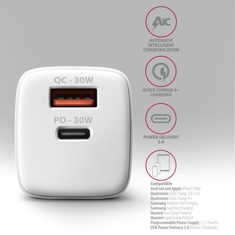 ACU-PQ30W Ładowarka sieciowa PD & QC 30W, QC3.0,4.0/AFC/FCP/PPS/Apple Biała ACU-PQ30W Ładowarka sieciowa PD & QC 30W, QC3.0,4.0/AFC/FCP/PPS/Apple Biała