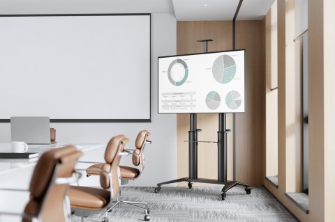 Stojak mobilny pojedynczy z półką i uchwytem na kamerę, 1xLCD max. 120" max. 140kg, VESA max. 1000x600 Stojak mobilny pojedynczy z półką i uchwytem na kamerę, 1xLCD max. 120" max. 140kg, VESA max. 1000x600