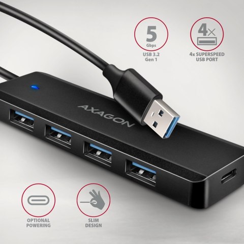 HUE-C1A 4-portowy hub USB 5Gbps Travel, USB-C power IN, kabel Type-A 19cm, USB-C dodatkowe zasilanie HUE-C1A 4-portowy hub USB 5Gbps Travel, USB-C power IN, kabel Type-A 19cm, USB-C dodatkowe zasilanie