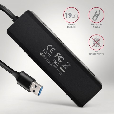 HUE-C1A 4-portowy hub USB 5Gbps Travel, USB-C power IN, kabel Type-A 19cm, USB-C dodatkowe zasilanie HUE-C1A 4-portowy hub USB 5Gbps Travel, USB-C power IN, kabel Type-A 19cm, USB-C dodatkowe zasilanie