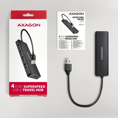 HUE-C1A 4-portowy hub USB 5Gbps Travel, USB-C power IN, kabel Type-A 19cm, USB-C dodatkowe zasilanie HUE-C1A 4-portowy hub USB 5Gbps Travel, USB-C power IN, kabel Type-A 19cm, USB-C dodatkowe zasilanie