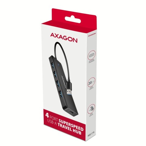 HUE-C1A 4-portowy hub USB 5Gbps Travel, USB-C power IN, kabel Type-A 19cm, USB-C dodatkowe zasilanie HUE-C1A 4-portowy hub USB 5Gbps Travel, USB-C power IN, kabel Type-A 19cm, USB-C dodatkowe zasilanie