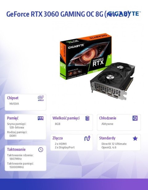 Karta graficzna GeForce RTX 3060 Gaming OC 8GB GDDR6 128bit 2DP/2HDMI Karta graficzna GeForce RTX 3060 Gaming OC 8GB GDDR6 128bit 2DP/2HDMI