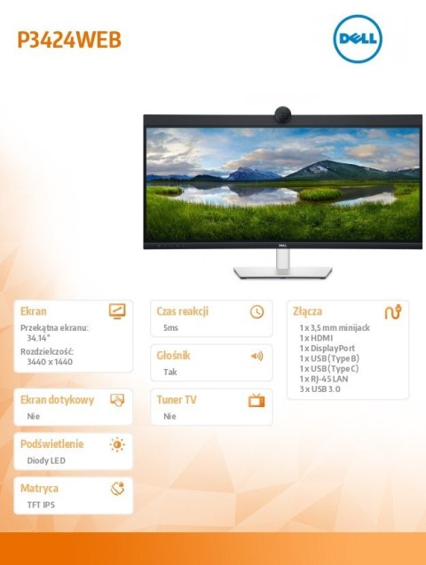 Monitor P3424WEB 34 cale IPS Zakrzywiony WQHD (3440x1440)/21:9/HDMI/DP/USB-C/RJ-45/Kamera/Głośniki/Mikrofon/3Y Monitor P3424WEB 34 cale IPS Zakrzywiony WQHD (3440x1440)/21:9/HDMI/DP/USB-C/RJ-45/Kamera/Głośniki/Mikrofon/3Y