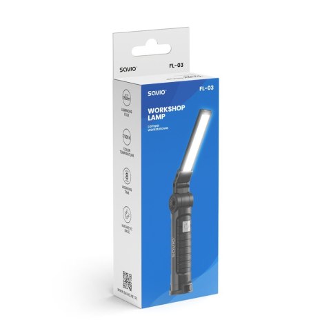 Lampa warsztatowa akumulatorowa COB LED 3W + SMD 1W, USB-C, 150 lm, obrotowa głowica, magnes, FL-03 Lampa warsztatowa akumulatorowa COB LED 3W + SMD 1W, USB-C, 150 lm, obrotowa głowica, magnes, FL-03