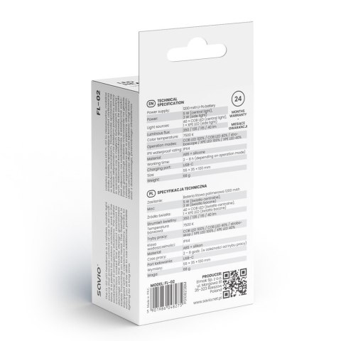 Latarka czołowa LED z czujnikiem ruchu, USB-C, 350 lm, zasięg 80m, FL-02 Latarka czołowa LED z czujnikiem ruchu, USB-C, 350 lm, zasięg 80m, FL-02