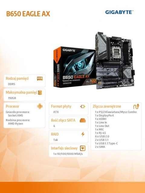 Płyta główna B650 EAGLE AX AM5 4DDR5 HDMI/DP ATX Płyta główna B650 EAGLE AX AM5 4DDR5 HDMI/DP ATX
