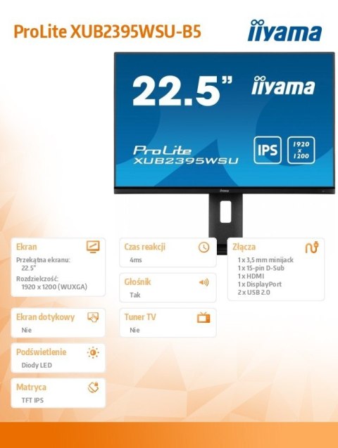 Monitor 22.5 cala XUB2395WSU-B5 IPS, PIVOT, 1920x1200, DP, HDMI, VGA, 16:10, 2xUSB, 2x2W, Freesync, HAS(150mm) Monitor 22.5 cala XUB2395WSU-B5 IPS, PIVOT, 1920x1200, DP, HDMI, VGA, 16:10, 2xUSB, 2x2W, Freesync, HAS(150mm)