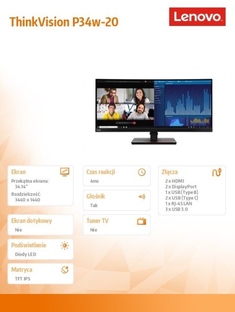 Monitor 34.14 cala ThinkVision P34w-20 WLED LCD 63F2RAT3EU Monitor 34.14 cala ThinkVision P34w-20 WLED LCD 63F2RAT3EU