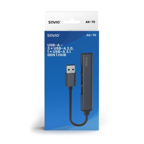 Hub 4 porty USB-A - 3 x USB-A 2.0, 1 x USB-A 3.0, 5 Gbps, Aluminium, AK-70 Hub 4 porty USB-A - 3 x USB-A 2.0, 1 x USB-A 3.0, 5 Gbps, Aluminium, AK-70