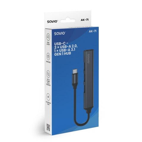 Hub 4 porty USB-C - 3 x USB-A 2.0, 1 x USB-A 3.1 3.1 GEN 1, 5 Gbps, AK-71 Hub 4 porty USB-C - 3 x USB-A 2.0, 1 x USB-A 3.1 3.1 GEN 1, 5 Gbps, AK-71