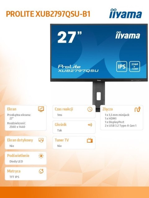 Monitor 27 cali XUB2797QSU-B1 IPS,HDMI,DP,100Hz,QHD,HAS(150mm),1ms, 2xUSB(3.2),2x2W,ADAPTIVE SYNC,FlickerFree /5y/ Monitor 27 cali XUB2797QSU-B1 IPS,HDMI,DP,100Hz,QHD,HAS(150mm),1ms, 2xUSB(3.2),2x2W,ADAPTIVE SYNC,FlickerFree /5y/
