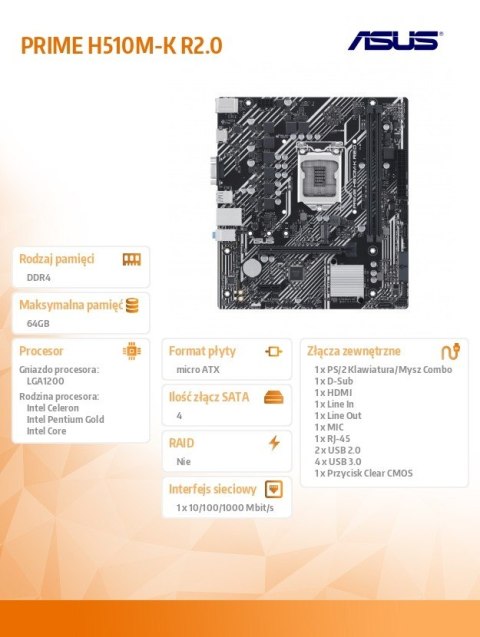 Płyta główna PRIME H510M-K s1200 R2.0 2DDR4 HDMI mATX Płyta główna PRIME H510M-K s1200 R2.0 2DDR4 HDMI mATX