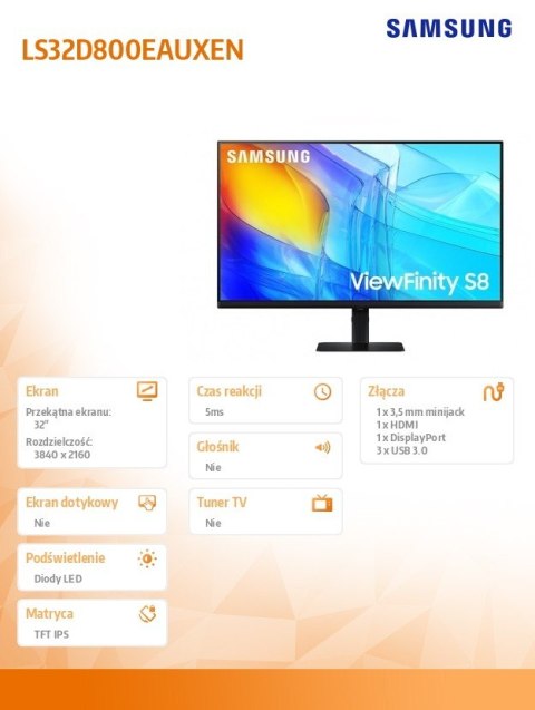 Monitor 32 cali ViewFinity S80D VA 3840x2160 UHD 16:9 1xHDMI 1xDP 3xUSB 3.0 5ms PinP/PbyP 60Hz HAS+PIVOT płaski 3YOn-Site Monitor 32 cali ViewFinity S80D VA 3840x2160 UHD 16:9 1xHDMI 1xDP 3xUSB 3.0 5ms PinP/PbyP 60Hz HAS+PIVOT płaski 3YOn-Site