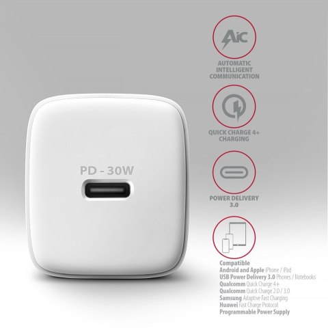 ACU-PD30W Ładowarka sieciowa PD 30W, 1x port USB-C, PD3.0/QC3.0/AFC/FCP/Apple Biała ACU-PD30W Ładowarka sieciowa PD 30W, 1x port USB-C, PD3.0/QC3.0/AFC/FCP/Apple Biała