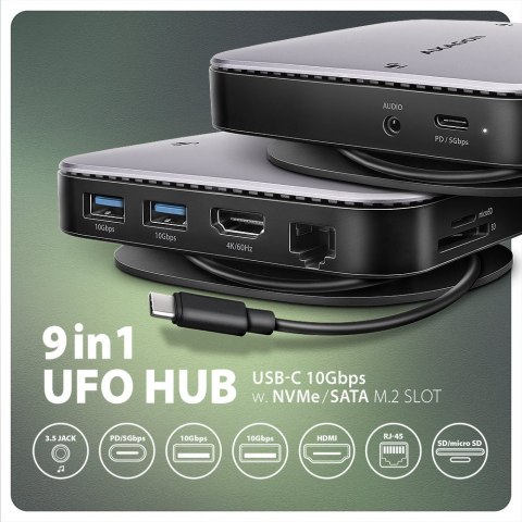 HMC-UFO Wieloportowy hub USB 9in1, 10Gbps, 2x USB-A, HDMI 4K/60Hz, M.2 NVMe/SATA, audio, PD 100W, SD/microSD, GLAN, 65cm USB-C k HMC-UFO Wieloportowy hub USB 9in1, 10Gbps, 2x USB-A, HDMI 4K/60Hz, M.2 NVMe/SATA, audio, PD 100W, SD/microSD, GLAN, 65cm USB-C k