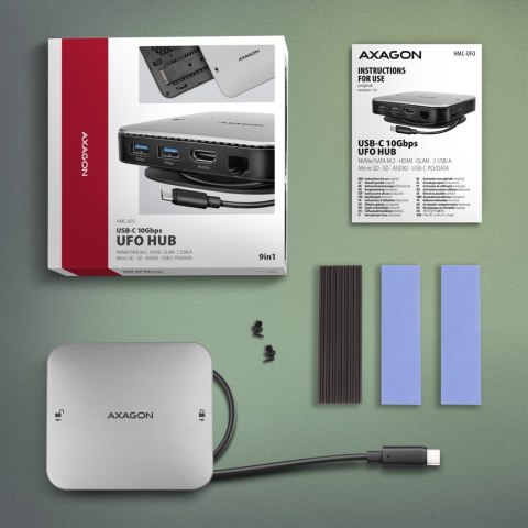 HMC-UFO Wieloportowy hub USB 9in1, 10Gbps, 2x USB-A, HDMI 4K/60Hz, M.2 NVMe/SATA, audio, PD 100W, SD/microSD, GLAN, 65cm USB-C k HMC-UFO Wieloportowy hub USB 9in1, 10Gbps, 2x USB-A, HDMI 4K/60Hz, M.2 NVMe/SATA, audio, PD 100W, SD/microSD, GLAN, 65cm USB-C k