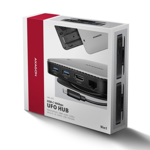 HMC-UFO Wieloportowy hub USB 9in1, 10Gbps, 2x USB-A, HDMI 4K/60Hz, M.2 NVMe/SATA, audio, PD 100W, SD/microSD, GLAN, 65cm USB-C k HMC-UFO Wieloportowy hub USB 9in1, 10Gbps, 2x USB-A, HDMI 4K/60Hz, M.2 NVMe/SATA, audio, PD 100W, SD/microSD, GLAN, 65cm USB-C k