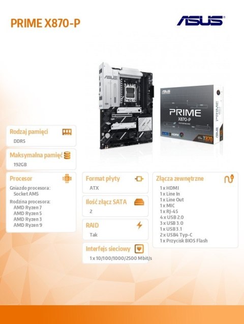 Płyta główna PRIME X870-P AM5 4DDR5 HDMI/USB-C ATX Płyta główna PRIME X870-P AM5 4DDR5 HDMI/USB-C ATX