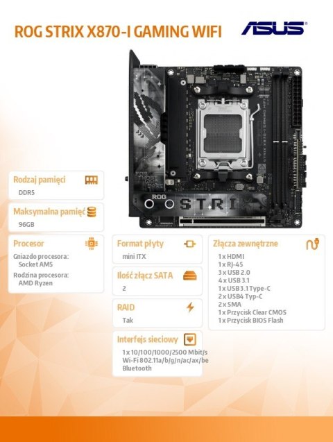 Płyta główna ROG STRIX X870-I GAMING WIFI AM5 2DDR5 HDMI/USBC Płyta główna ROG STRIX X870-I GAMING WIFI AM5 2DDR5 HDMI/USBC