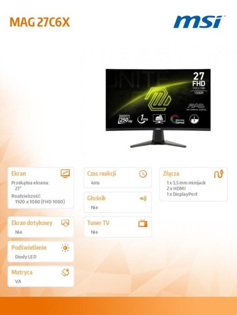 Monitor 27 cali MAG 27C6X LED/FHD/Curved/250Hz/czarny Monitor 27 cali MAG 27C6X LED/FHD/Curved/250Hz/czarny