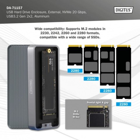 Obudowa USB 3.2 Typ C na dysk SSD M.2 NVMe 20 Gbps aluminiowa, beznarzędziowa Obudowa USB 3.2 Typ C na dysk SSD M.2 NVMe 20 Gbps aluminiowa, beznarzędziowa