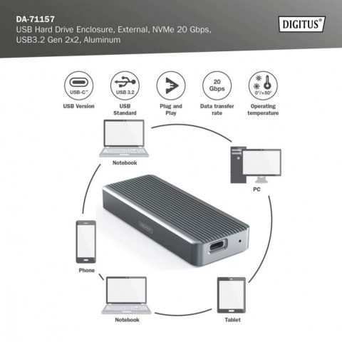 Obudowa USB 3.2 Typ C na dysk SSD M.2 NVMe 20 Gbps aluminiowa, beznarzędziowa Obudowa USB 3.2 Typ C na dysk SSD M.2 NVMe 20 Gbps aluminiowa, beznarzędziowa