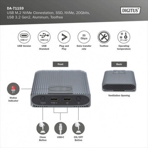 Obudowa/Stacja klonująca USB 3.1 Typ C na dyski SSD M.2 NVMe 20 Gbps aluminiowa, beznarzędziowa Obudowa/Stacja klonująca USB 3.1 Typ C na dyski SSD M.2 NVMe 20 Gbps aluminiowa, beznarzędziowa