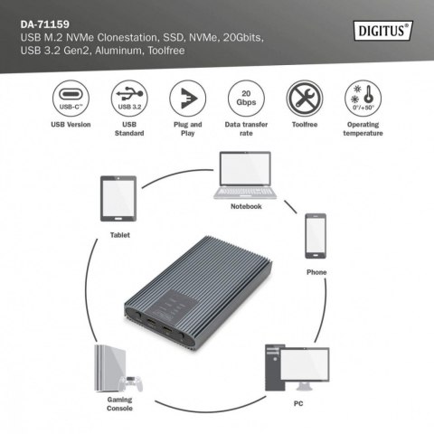 Obudowa/Stacja klonująca USB 3.1 Typ C na dyski SSD M.2 NVMe 20 Gbps aluminiowa, beznarzędziowa Obudowa/Stacja klonująca USB 3.1 Typ C na dyski SSD M.2 NVMe 20 Gbps aluminiowa, beznarzędziowa
