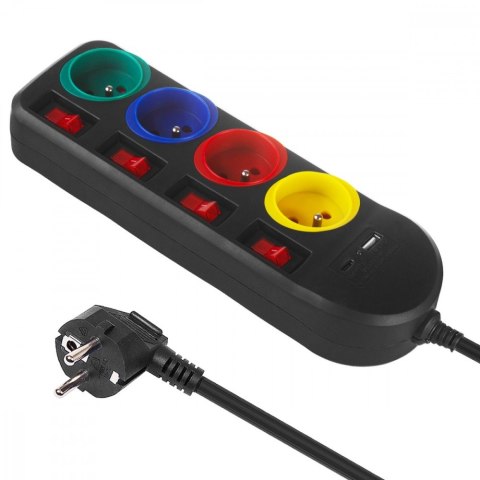 Przedłużacz 1,5m 250VAC 10A 4 gniazda MCE508 B Port USB-C Quick charge 2.0 IP20 Przedłużacz 1,5m 250VAC 10A 4 gniazda MCE508 B Port USB-C Quick charge 2.0 IP20