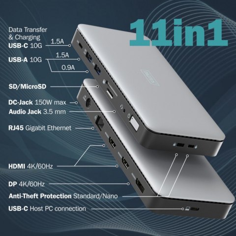 Stacja dokująca USB Typ C 11-portów 2x HDMI 1x DisplayPort 4K/60Hz DC-Jack 150W Stacja dokująca USB Typ C 11-portów 2x HDMI 1x DisplayPort 4K/60Hz DC-Jack 150W