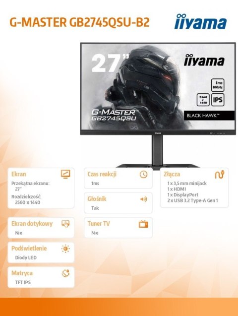 Monitor 27 cali GB2745QSU-B2,IPS,QHD,100Hz,1ms,2xUSB,300cd Monitor 27 cali GB2745QSU-B2,IPS,QHD,100Hz,1ms,2xUSB,300cd