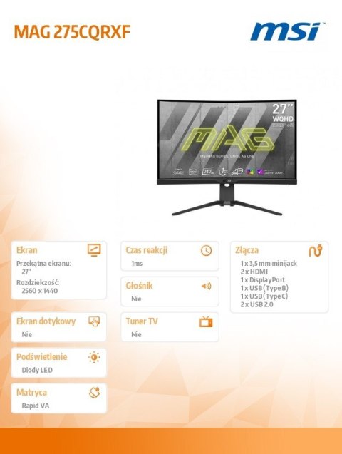 Monitor 27 cali MAG 275CQRXF LED/QHD/Curved/240Hz/czarny Monitor 27 cali MAG 275CQRXF LED/QHD/Curved/240Hz/czarny