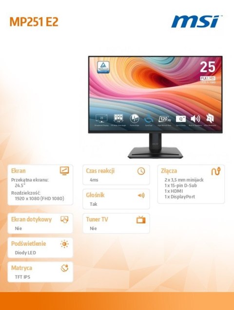 Monitor PRO MP251 E2 24.5 cala LED/FHD/Flat/120Hz/Black Monitor PRO MP251 E2 24.5 cala LED/FHD/Flat/120Hz/Black