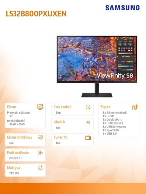 Monitor 32 cale ViewFinity S80PX IPS 3840x2160 UHD 16:9 1xHDMI 1xDP 1xUSB-C (90W) 3xUSB 3.0 LAN 5ms PinP/PbyP 60Hz HAS+PIV płask Monitor 32 cale ViewFinity S80PX IPS 3840x2160 UHD 16:9 1xHDMI 1xDP 1xUSB-C (90W) 3xUSB 3.0 LAN 5ms PinP/PbyP 60Hz HAS+PIV płask