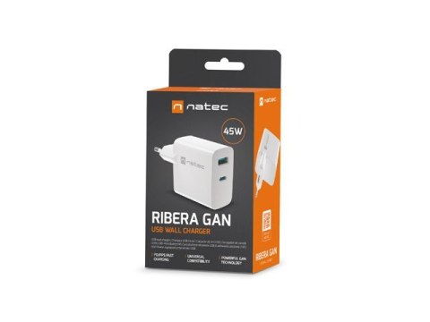 Ładowarka sieciowa Ribera GAN 1X USB-A + 1X USB-C 45W Biała Ładowarka sieciowa Ribera GAN 1X USB-A + 1X USB-C 45W Biała