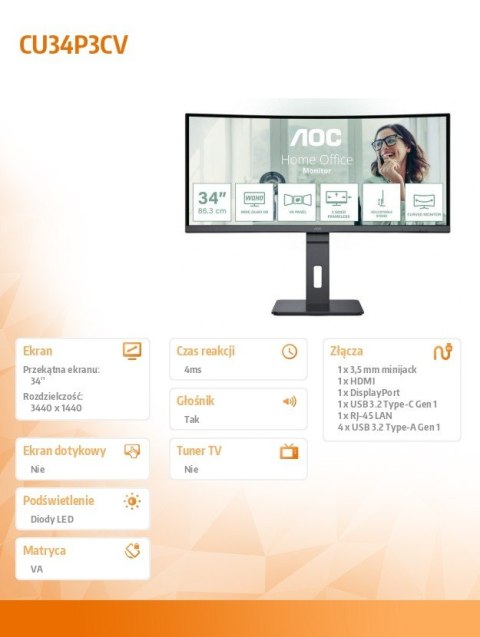 Monitor CU34P3CV 34 cale 100Hz Curved VA HDMI DP USB-C Monitor CU34P3CV 34 cale 100Hz Curved VA HDMI DP USB-C