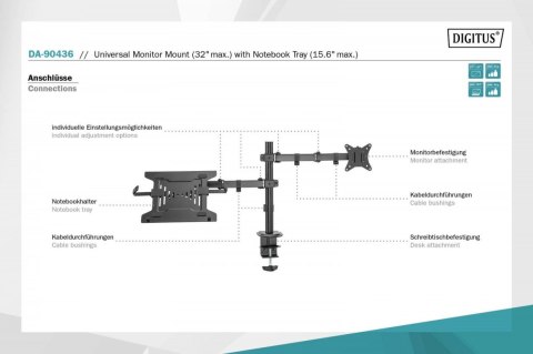 Uchwyt biurkowy na monitor z uchwytem na notebooka 1xLCD 32" 9kg, 1xNotebook 15,4" 4kg Uchwyt biurkowy na monitor z uchwytem na notebooka 1xLCD 32" 9kg, 1xNotebook 15,4" 4kg