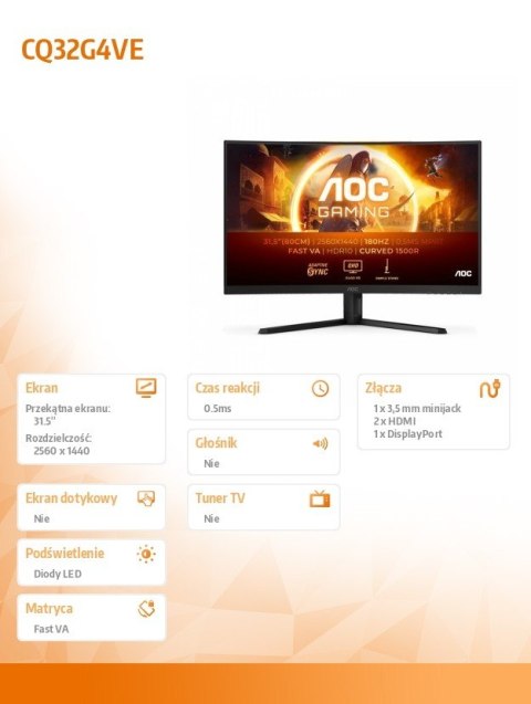 Monitor CQ32G4VE 31.5 cala Fast VA Zakrzywiony 180Hz HDMIx2 DP Monitor CQ32G4VE 31.5 cala Fast VA Zakrzywiony 180Hz HDMIx2 DP