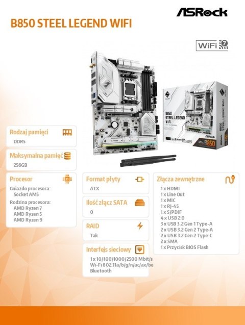 Płyta główna B850 Steel Legend WiFi AM5 4DDR5 ATX Płyta główna B850 Steel Legend WiFi AM5 4DDR5 ATX