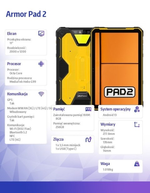 Tablet Armor Pad 2 4G 11 cali 8/256GB Czarno-żółty Tablet Armor Pad 2 4G 11 cali 8/256GB Czarno-żółty
