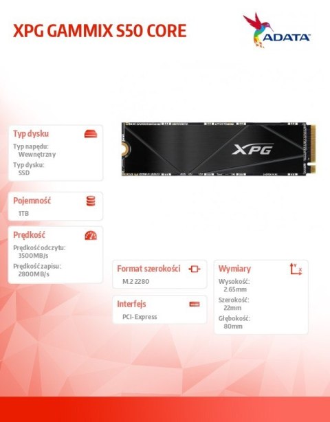 Dysk SSD XPG GAMMIX S50 CORE 1TB PCIe 4x4 3.5/2.2 M2 Dysk SSD XPG GAMMIX S50 CORE 1TB PCIe 4x4 3.5/2.2 M2