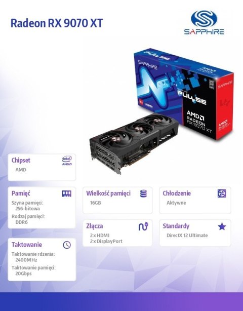 Karta graficzna Radeon RX 9070 XT PULSE 16GB GDDR6 256bit 2DP/2HDMI Karta graficzna Radeon RX 9070 XT PULSE 16GB GDDR6 256bit 2DP/2HDMI