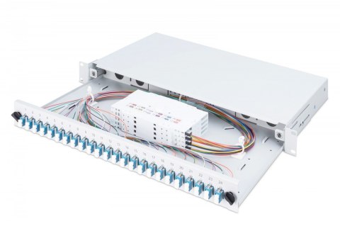 Przełącznica światłowodowa/panel krosowy z wyposażeniem 19 cali 1U, 24x LC duplex, OS2, zawiera pigtaile, adaptery, tacki, wysuw Przełącznica światłowodowa/panel krosowy z wyposażeniem 19 cali 1U, 24x LC duplex, OS2, zawiera pigtaile, adaptery, tacki, wysuw