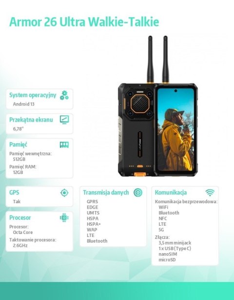 Smartfon Armor 26 Ultra Walkie-Talkie 5G 12/512GB IP69K Czarny Smartfon Armor 26 Ultra Walkie-Talkie 5G 12/512GB IP69K Czarny