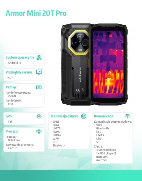 Smartfon Armor Mini 20T Pro 5G 4.7 cala 8/256GB IP69K termowizja Czarny Smartfon Armor Mini 20T Pro 5G 4.7 cala 8/256GB IP69K termowizja Czarny