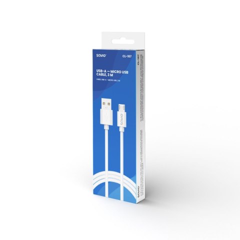Kabel USB- A - micro USB, 2A, 3m, CL-167 Kabel USB- A - micro USB, 2A, 3m, CL-167